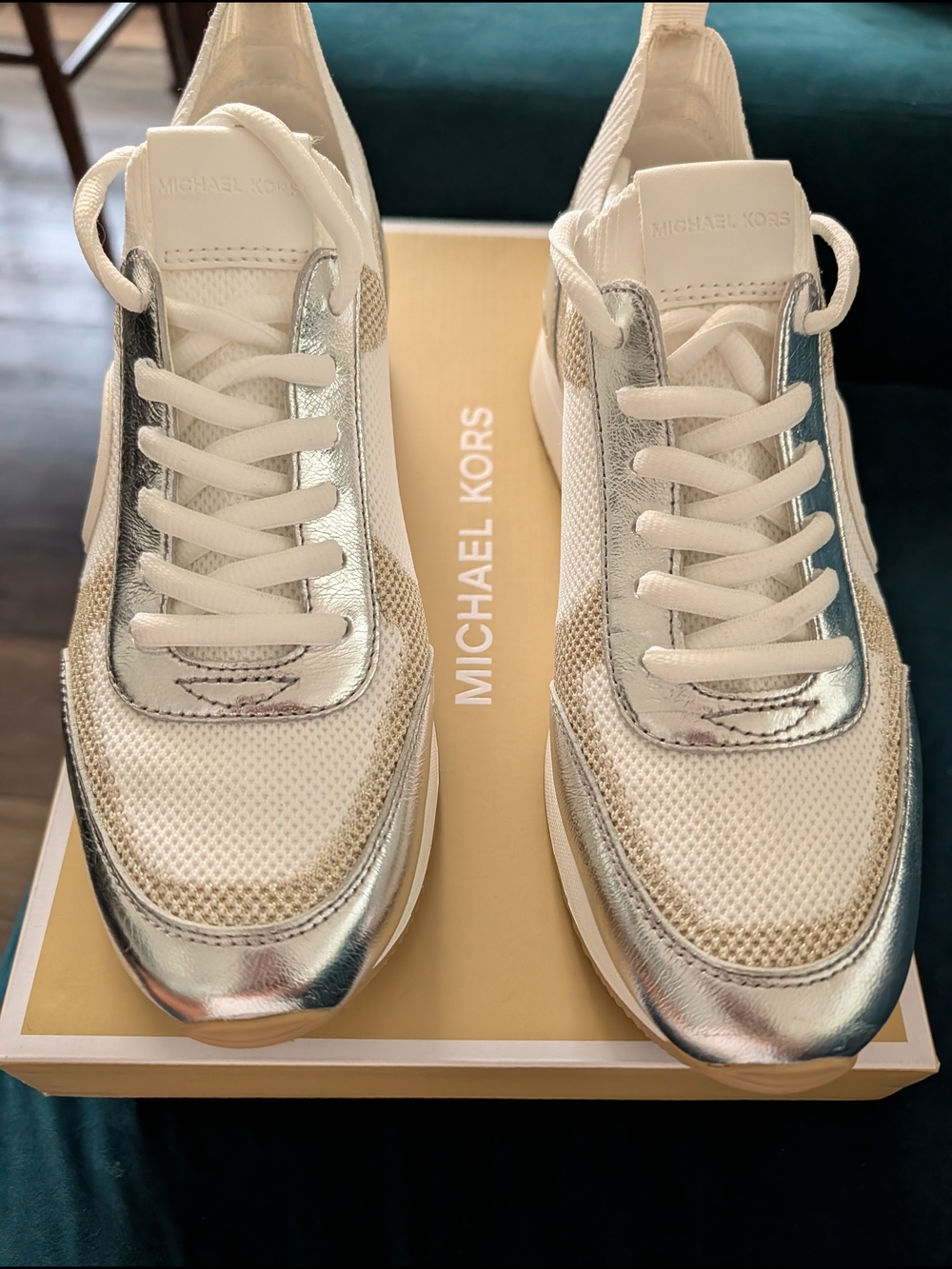 Michael Kors Women's Silver, Gold and White Leather Mesh Sneakers